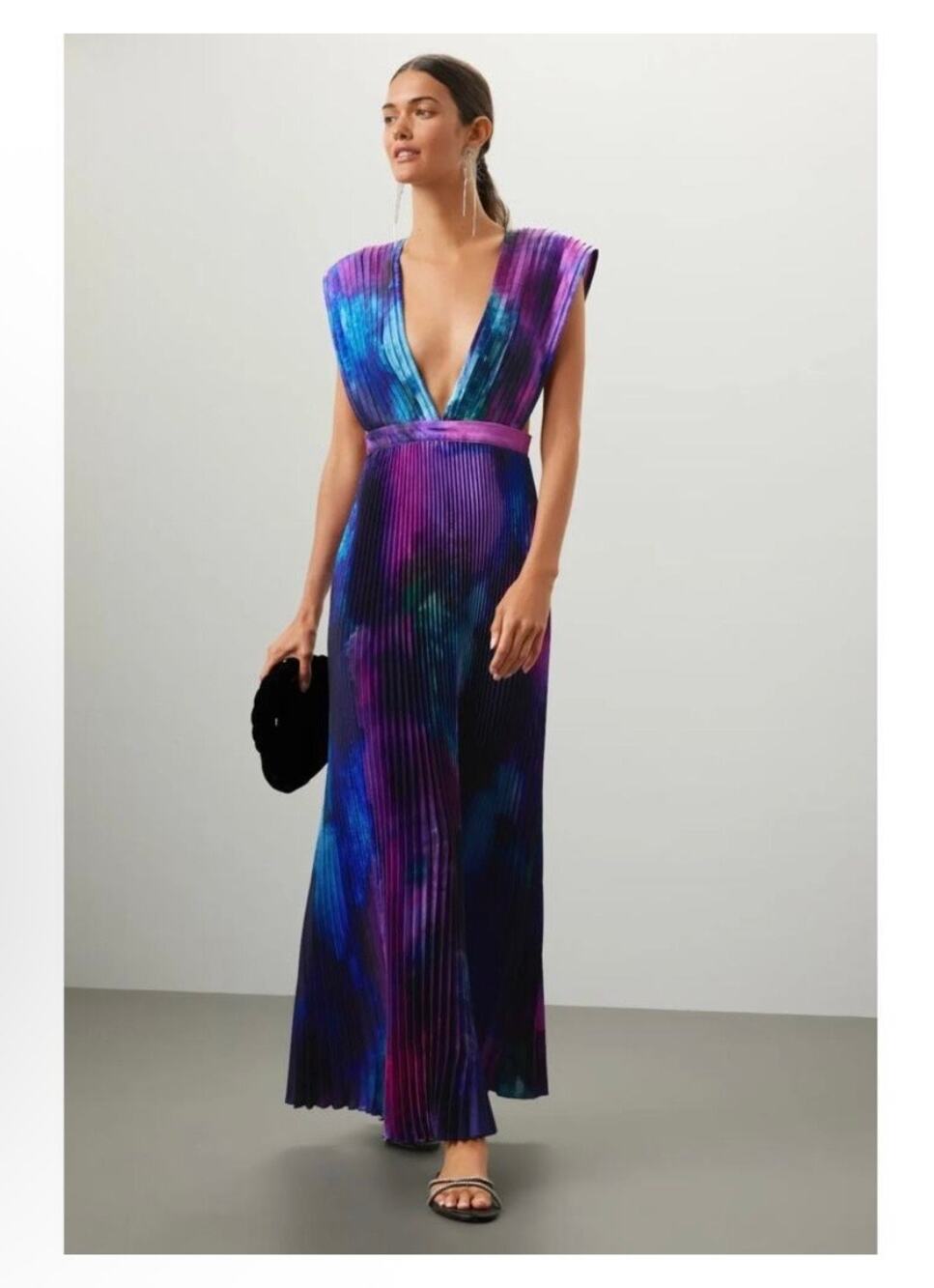 L'IDÉE Gala Plisse Maxi Gown BluePurple Tie Dye Plunging V-Neck Pleated Formal